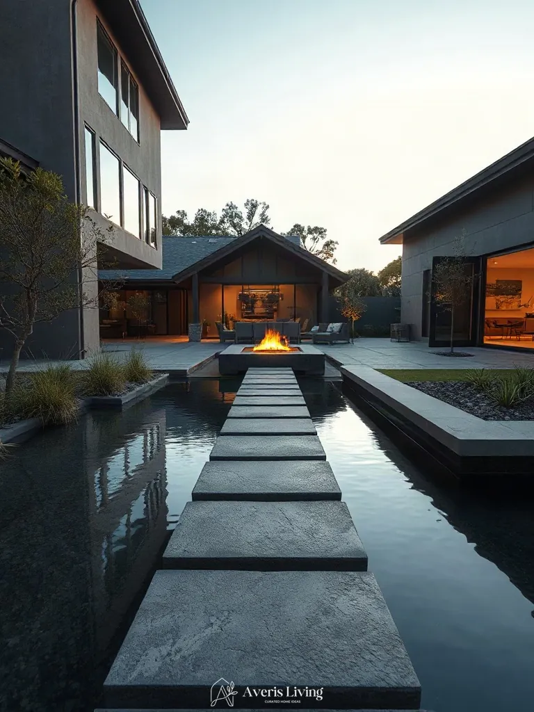 Modern backyard stepping stones design connecting to a modern fire feature