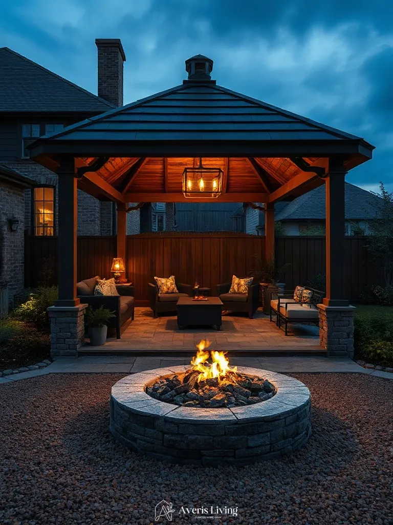 Stone fire pit integrated harmoniously near a backyard gazebo