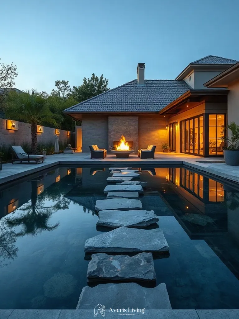 Stepping stones bridging water features and fire pits