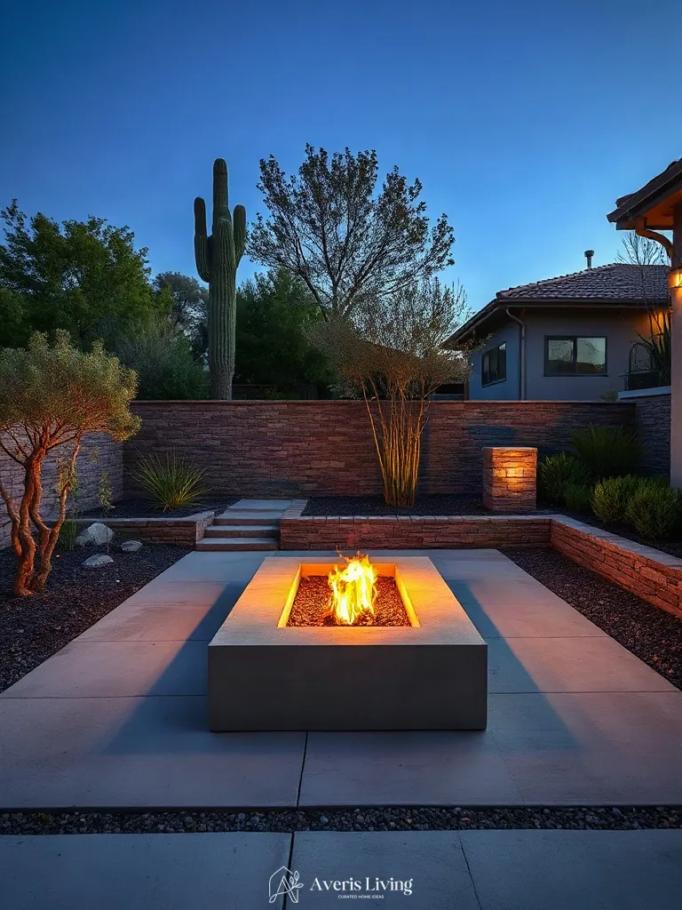 Fire feature integrated with a drought tolerant backyard retaining wall