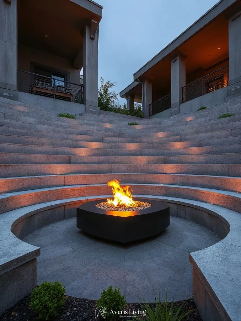 Fire pit integrated with modern retaining wall structure