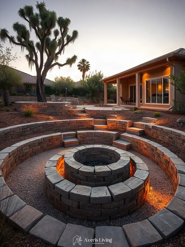 Fire pit integrated with backyard retaining walls