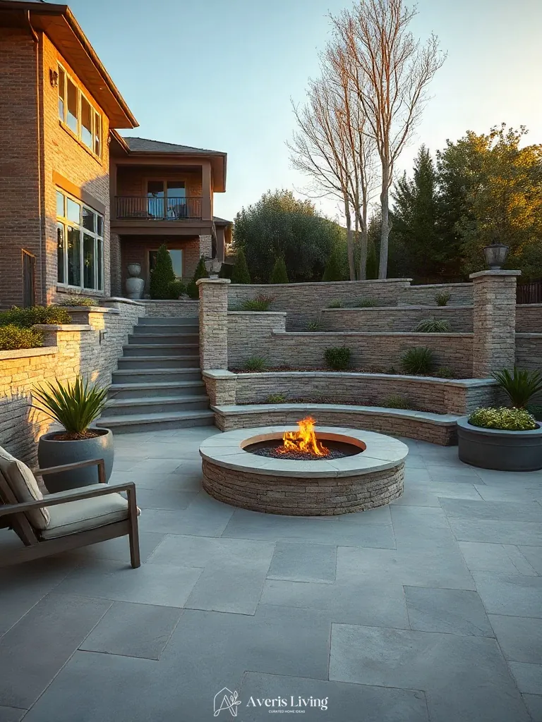Retaining wall integrated with a stone fire feature