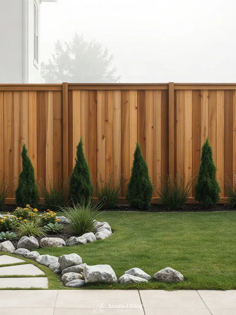 Wooden privacy fence merging with landscaped garden borders