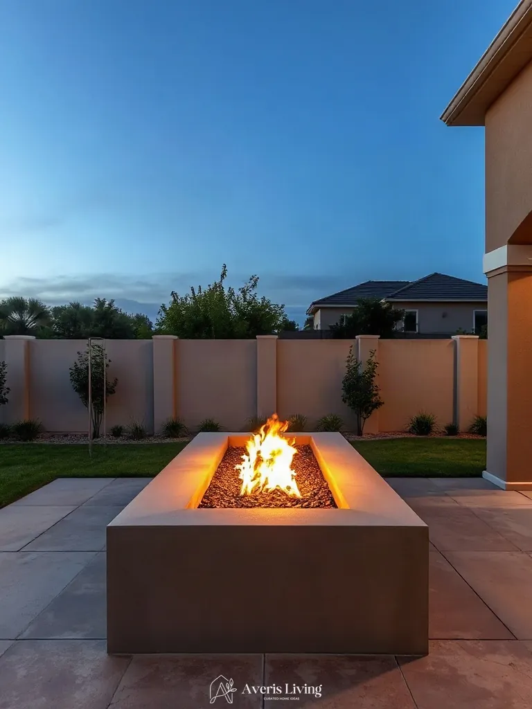 Linear fire pit set against modern backyard privacy fence