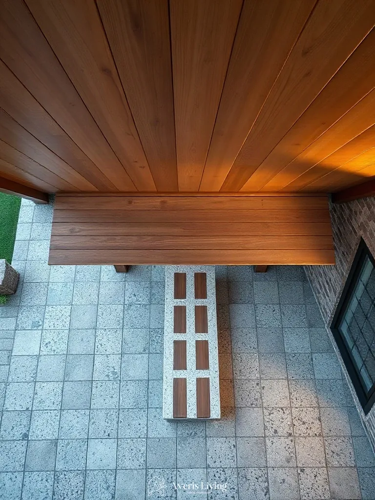 Harmonizing stone and wood materials in low maintenance backyard landscaping.