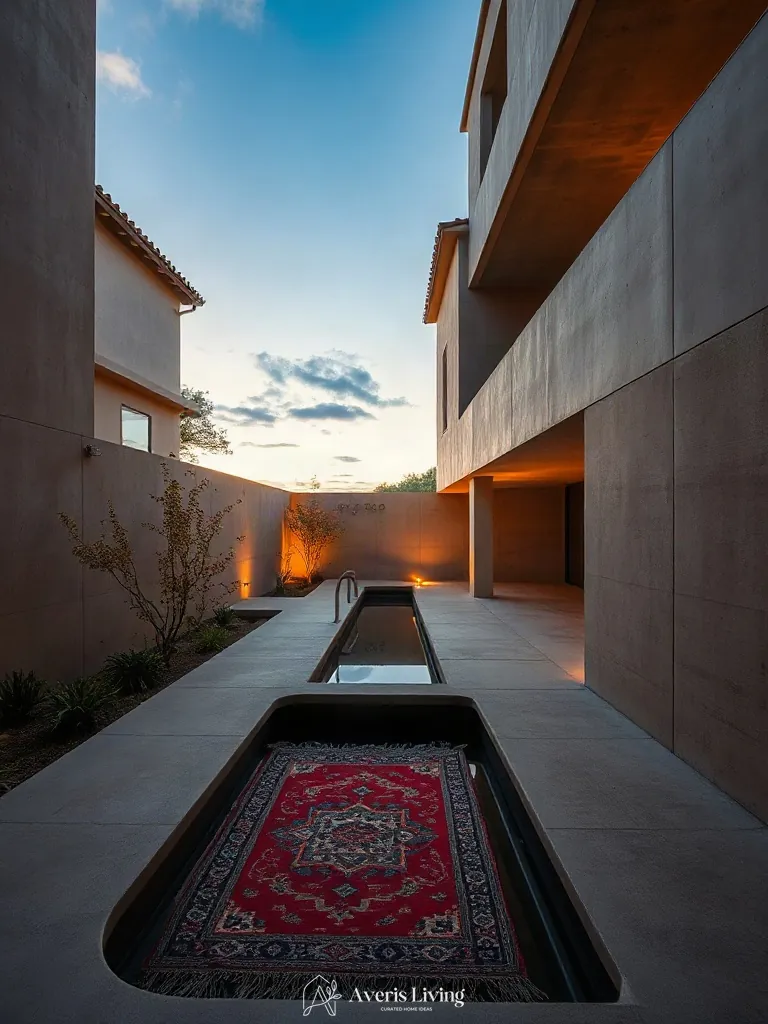 Concrete walls paired with a colorful outdoor rug boho style