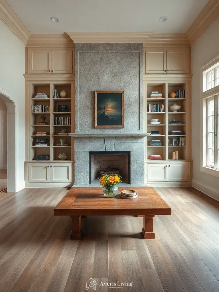 Custom built-in millwork paired with rustic wood coffee table ideas