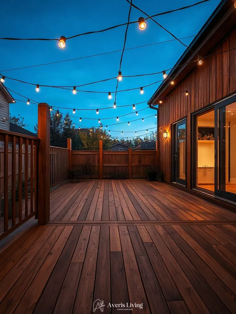 Ipe wood deck paired with black cable string lighting