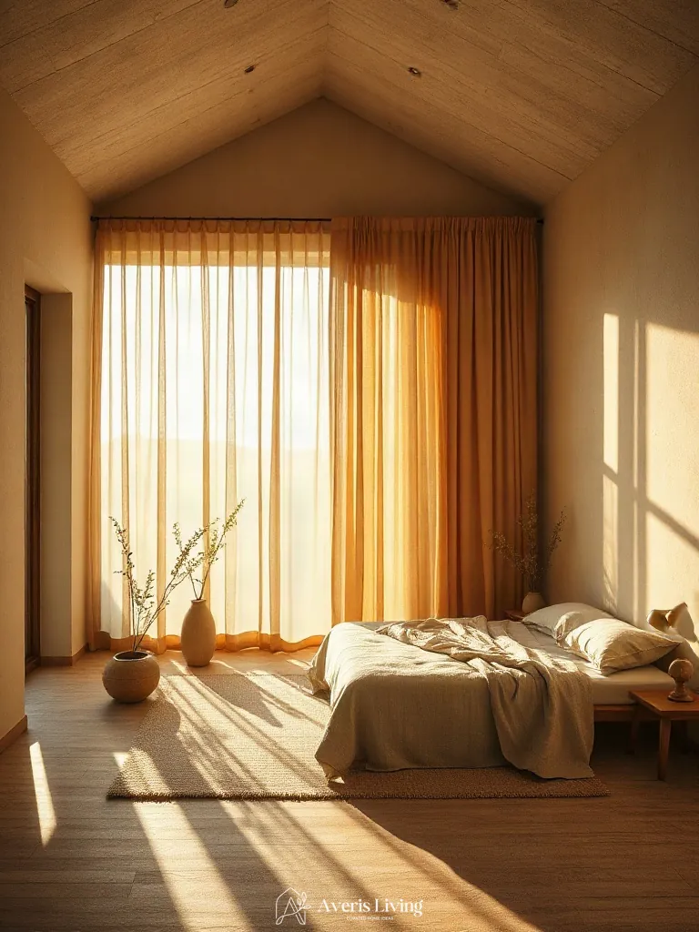 Natural daylight filtering in an earthy boho bedroom aesthetic