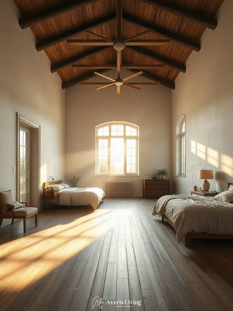 Golden hour sunlight streaming across neutral farmhouse bedding sets