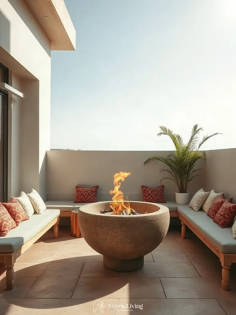 Hero stone fire bowl focal point within a bohemian balcony decor arrangement.