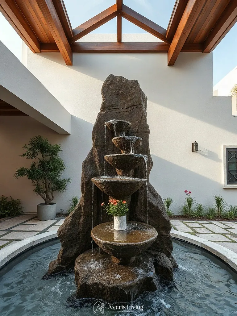 Hero water feature in fairy backyard landscaping makeover