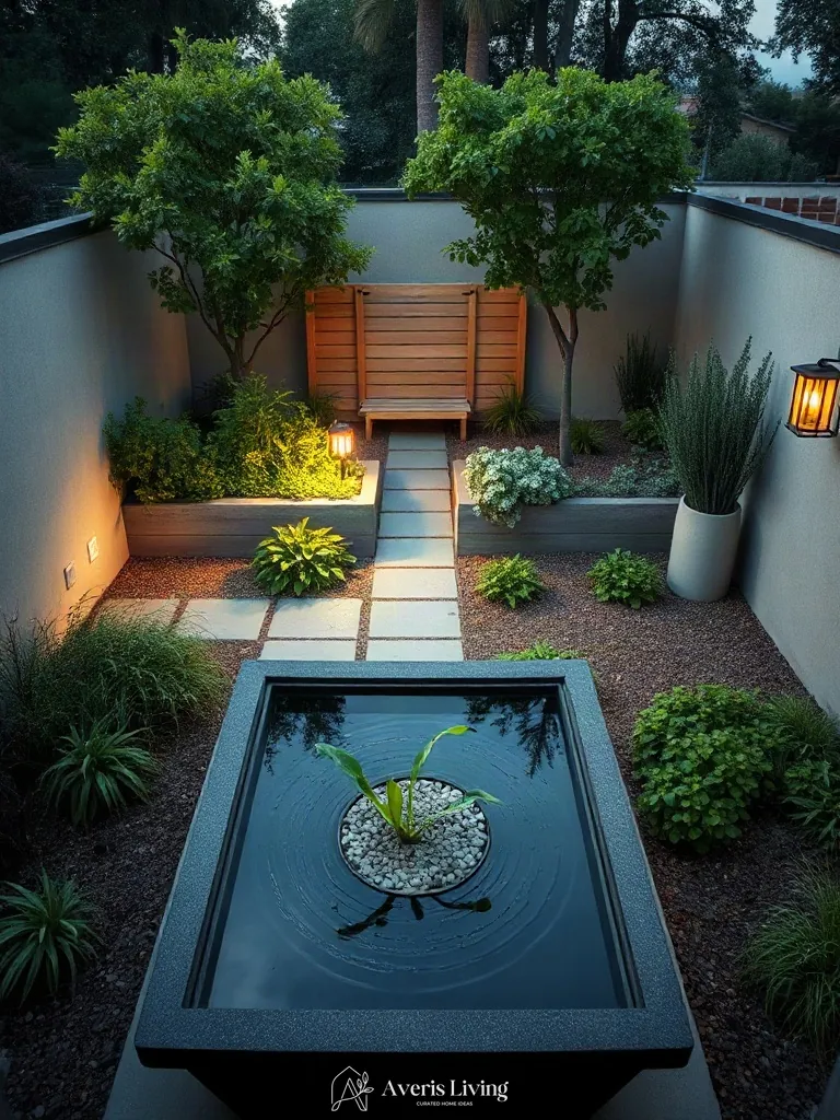 Hero water feature focal point within a no grass backyard vegetable garden layout