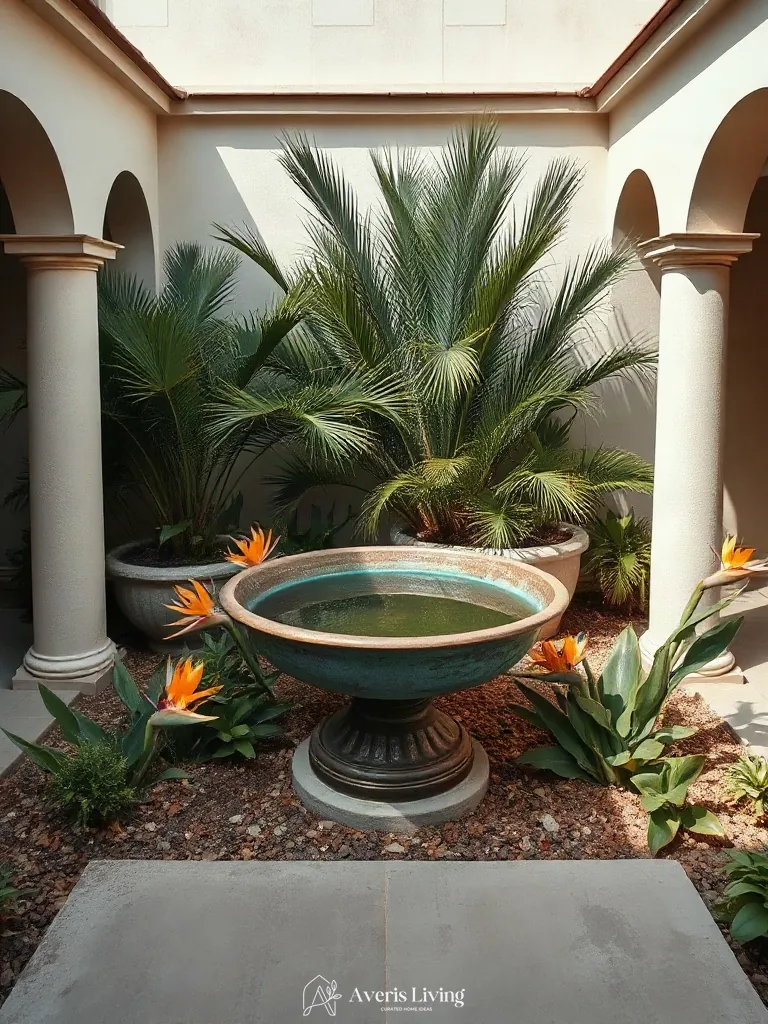 Hero water feature in tropical backyard flower bed design inspiration