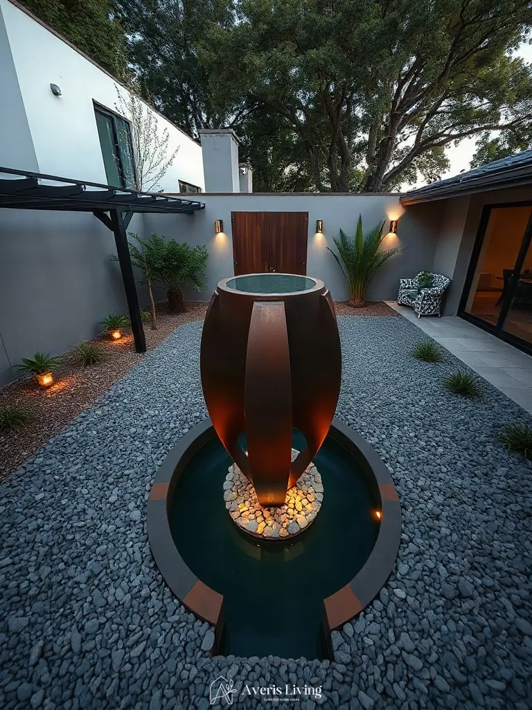 Hero architectural water feature in low maintenance backyard landscaping.
