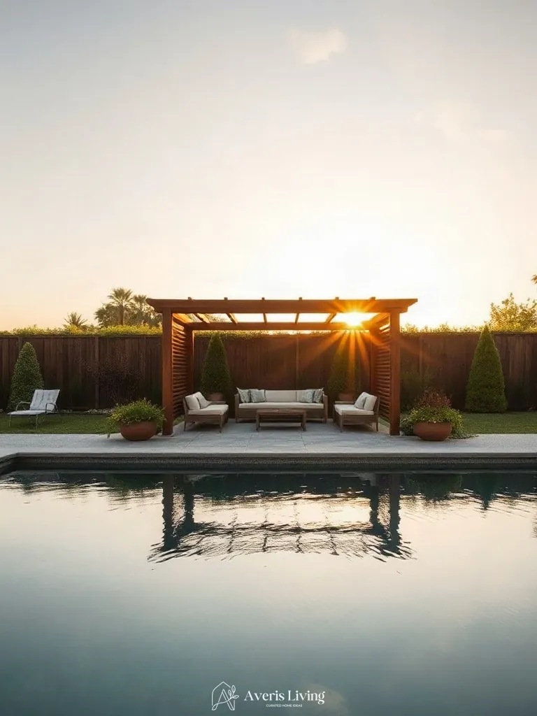 Hero gathering lounge and reflecting pool paired with a backyard gazebo