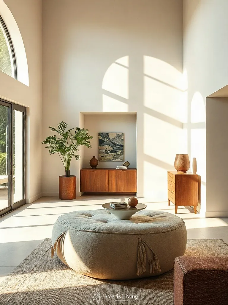 Sculptural asymmetrical ottoman with concealed storage acting as a room centerpiece
