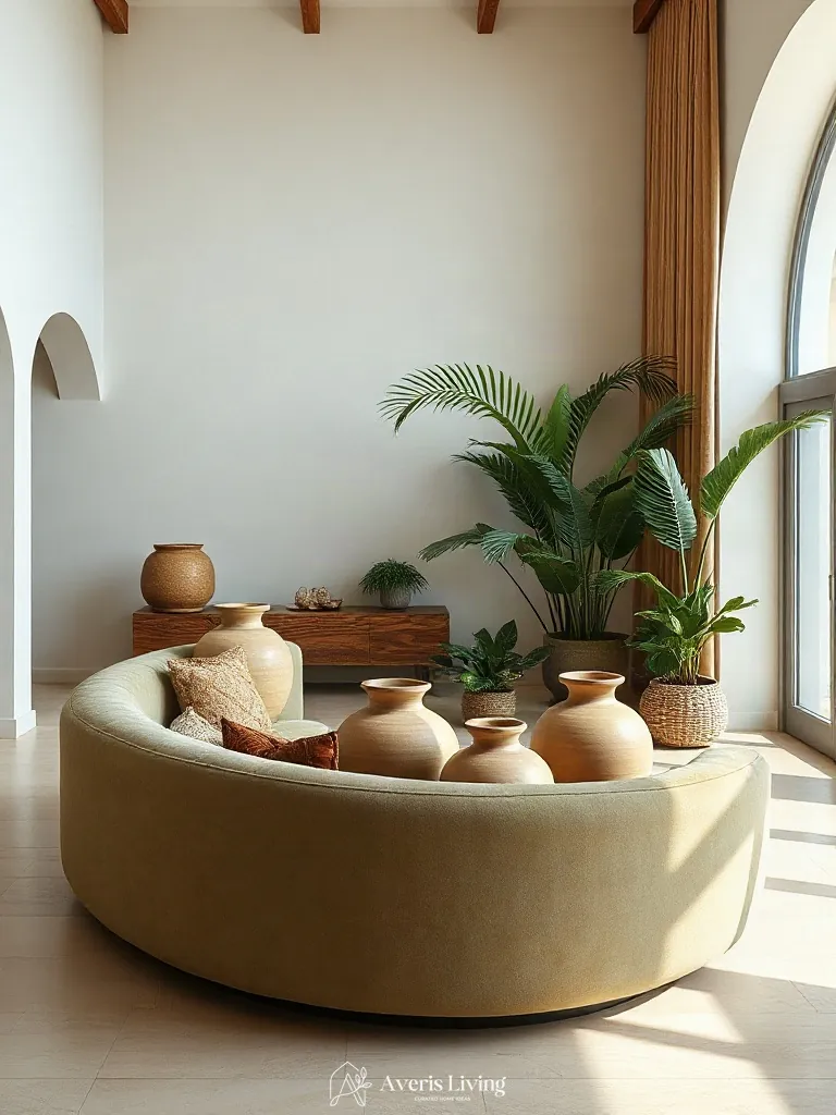 Sculptural furniture and indoor plants in a boho living room