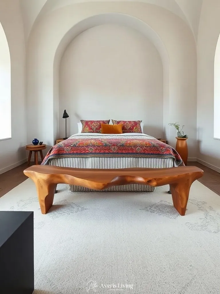 Sculptural wooden bench paired with colorful bohemian bedding