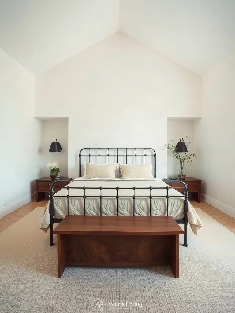 Sculptural wooden bench paired with iron bed frame styling