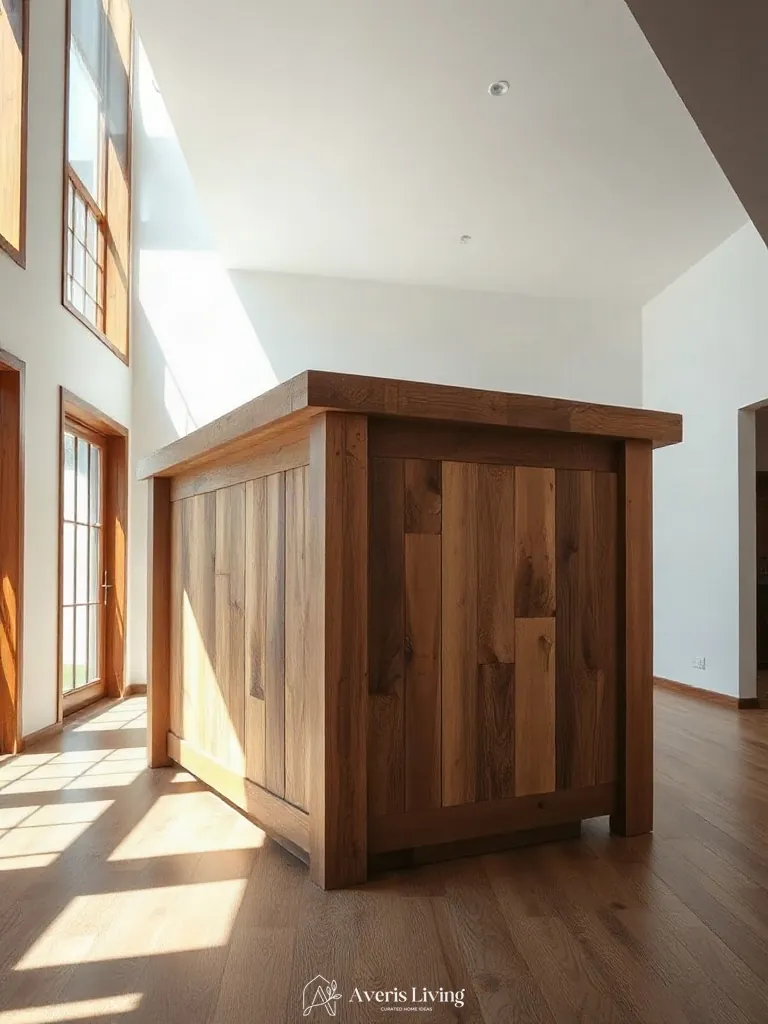 Sculptural furniture silhouette of a custom rustic wood kitchen island.