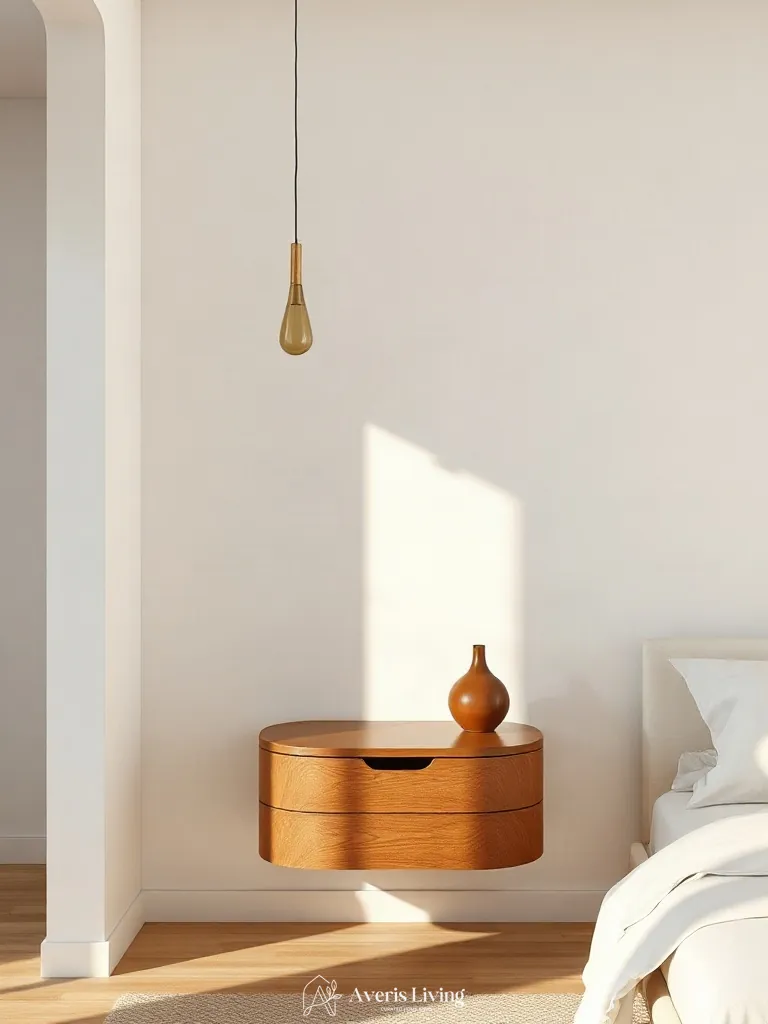 Sculptural curved floating nightstand serving as hero piece in small bedroom