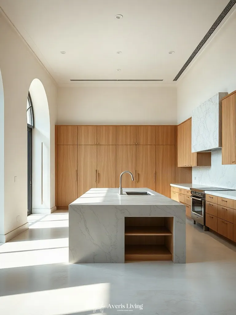 Sculptural kitchen island housing under sink storage solutions kitchen.