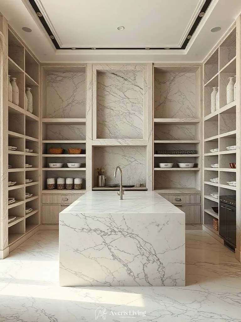 Sculptural pantry island featuring inset organization bins and labels.