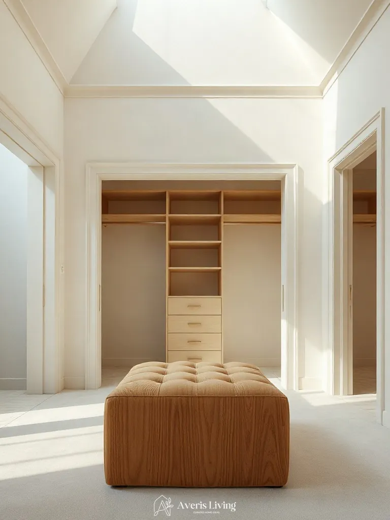 Sculptural dressing stool before small closet organization systems