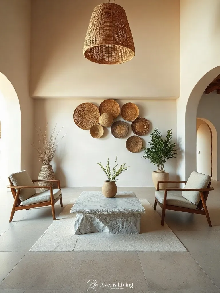 Hero sculptural furniture set beneath a woven basket wall display.