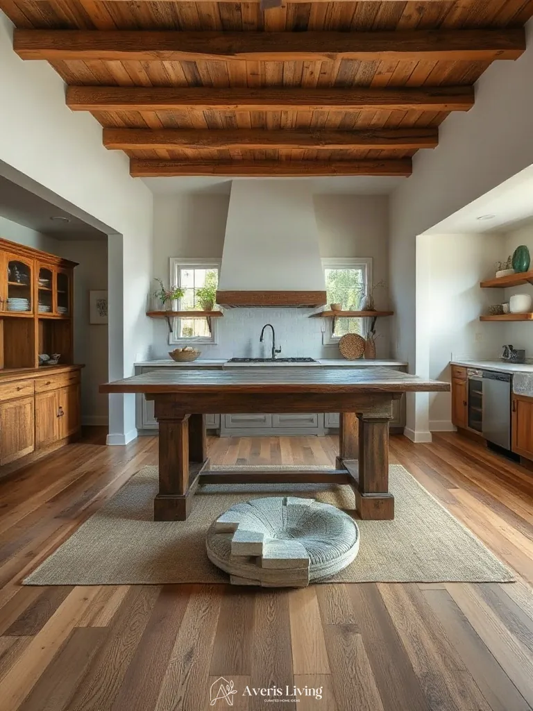 Hero sculptural work table in an open shelving farmhouse kitchen