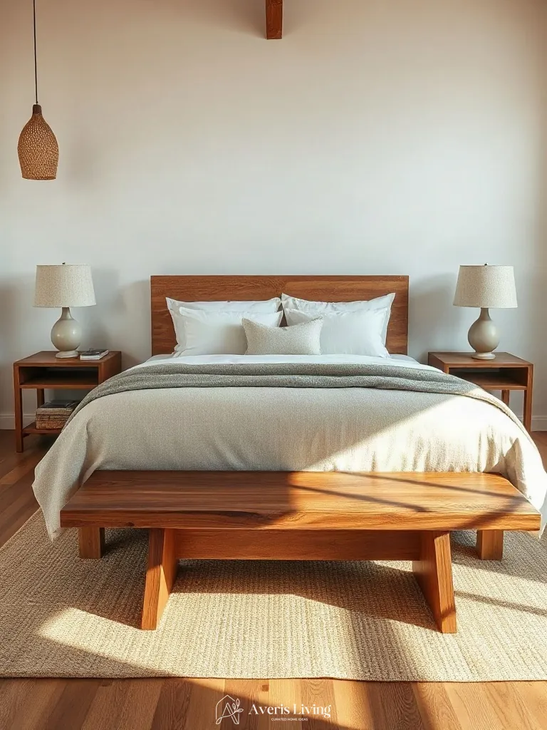 Sculptural wooden bench at the foot of neutral farmhouse bedding sets