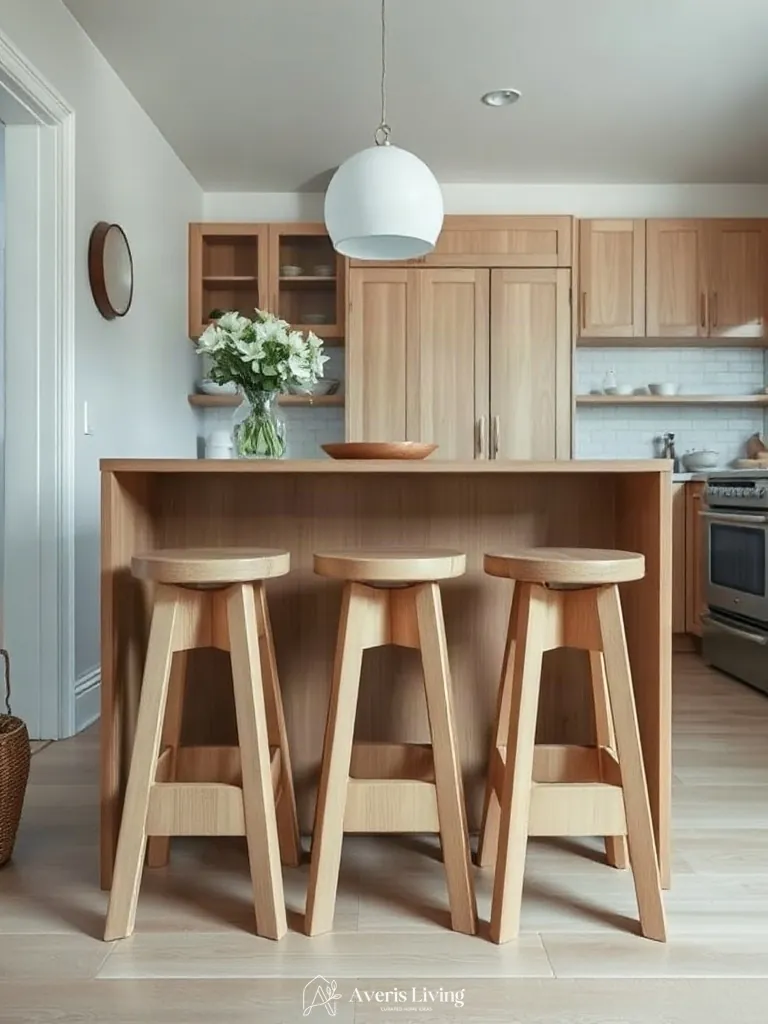 Hero sculptural seating positioned next to a storage-focused kitchen island