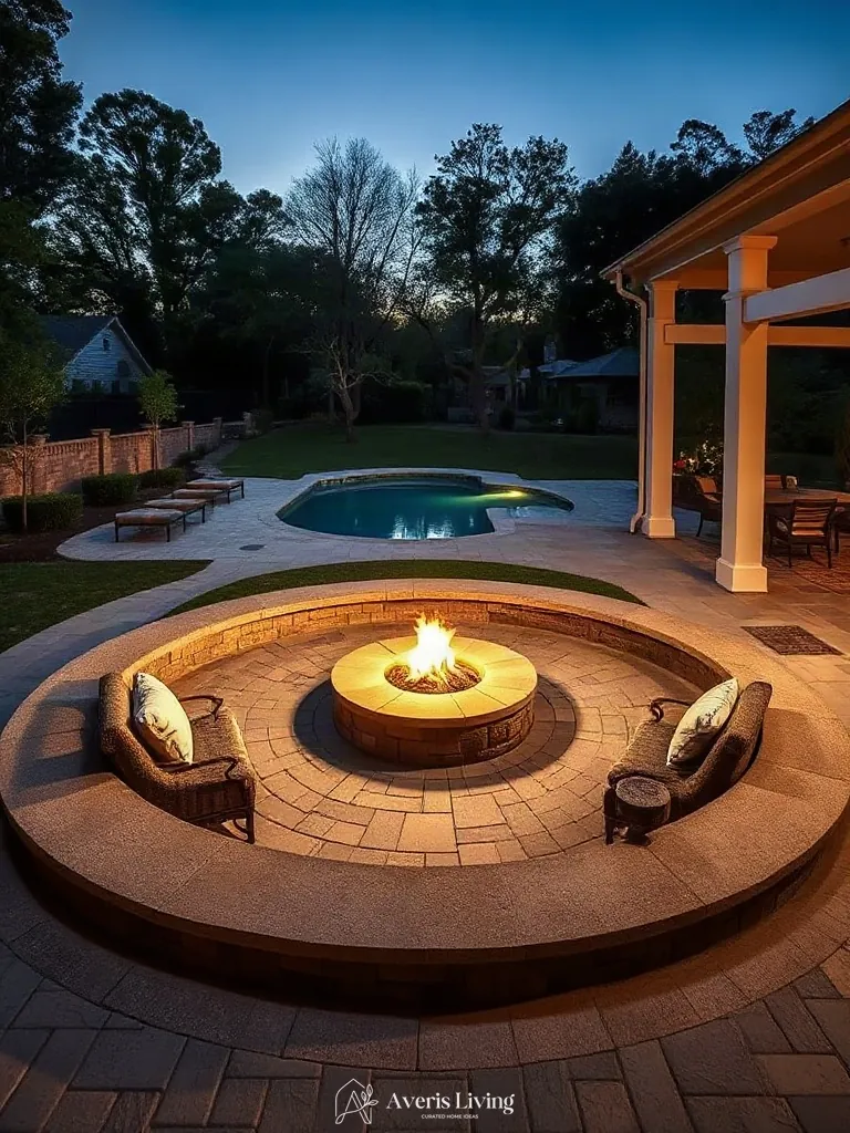 Hero sunken conversation pit and fire feature for a luxury backyard shed before and after
