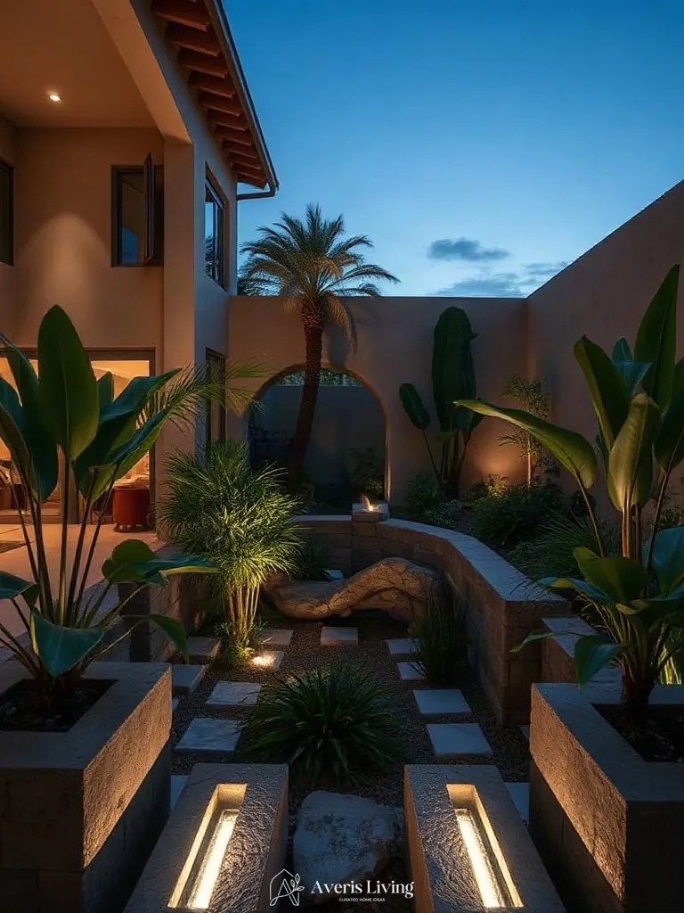 Under-cap LED lighting in a tropical backyard herb garden before and after