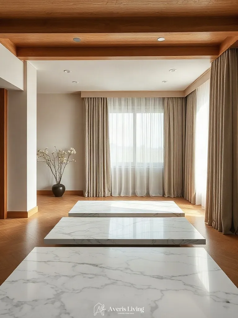 Honed marble topped floating nightstands in a minimalist small bedroom