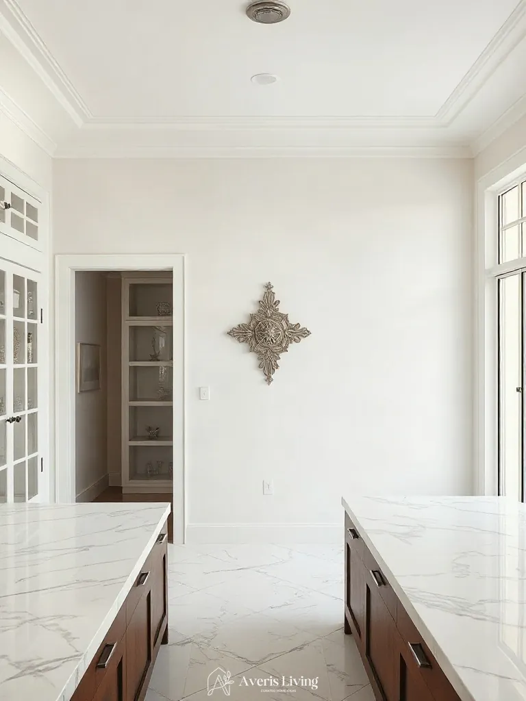Honed marble backsplash and vintage kitchen wall decor