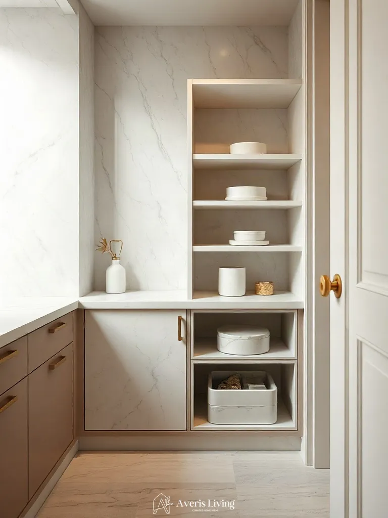 Honed marble accents within small closet organization systems
