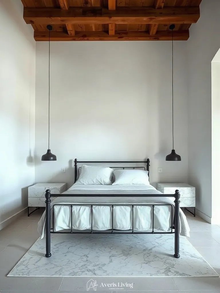 Honed marble nightstands paired with iron bed frame styling