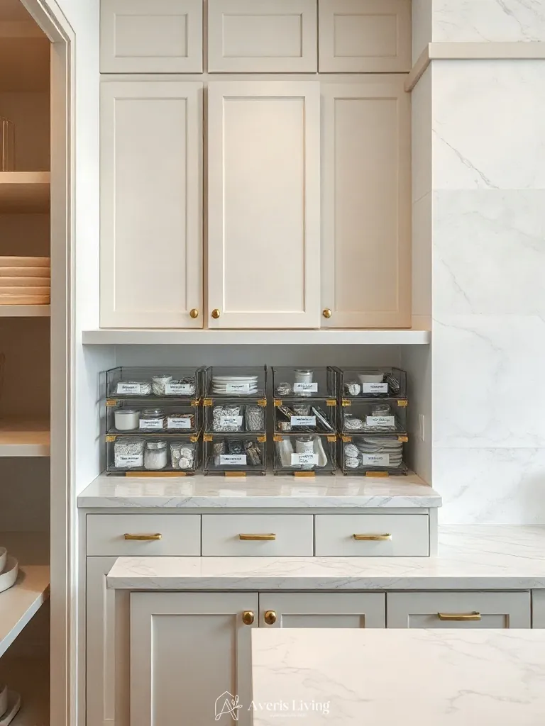 Honed marble countertop featuring pantry organization bins and labels.
