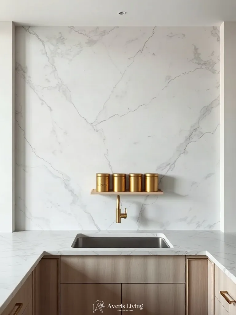 Honed marble kitchen wall showcasing magnetic spice rack ideas with brass tins