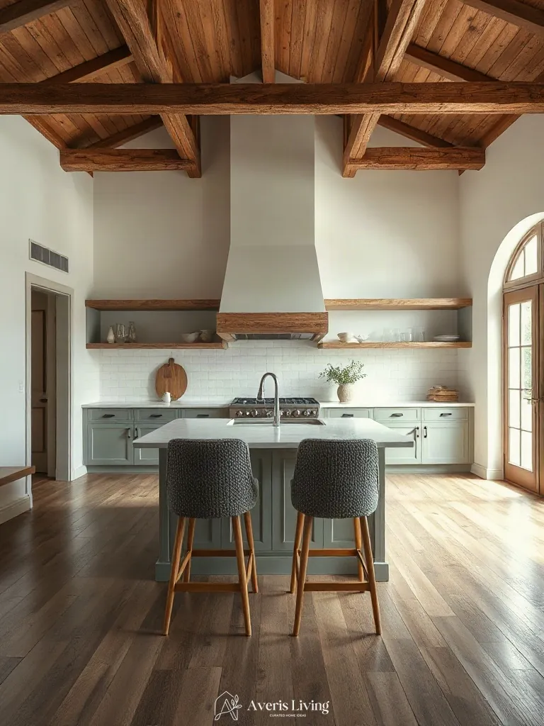 Bouclé counter stools in an open shelving farmhouse kitchen