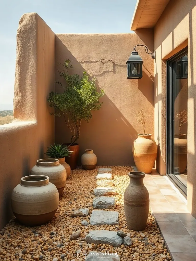 Decomposed granite and fine gravel beds framing bohemian balcony decor.
