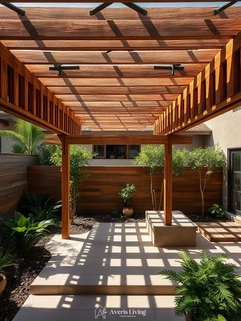 Ipe wood pergola framing a tropical backyard herb garden before and after