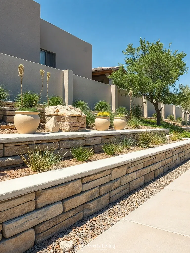 Modular concrete and flagstone drought tolerant backyard retaining wall