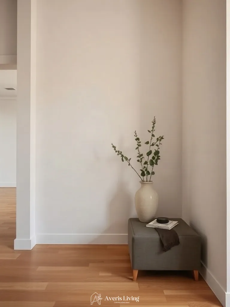 Minimalist stoneware vase with botanical branches next to a sleek fabric storage ottoman