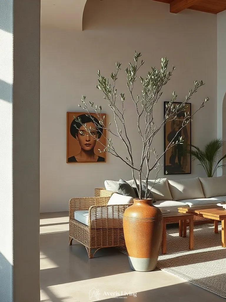 Botanical branches adding biophilic depth to rattan furniture living room styling