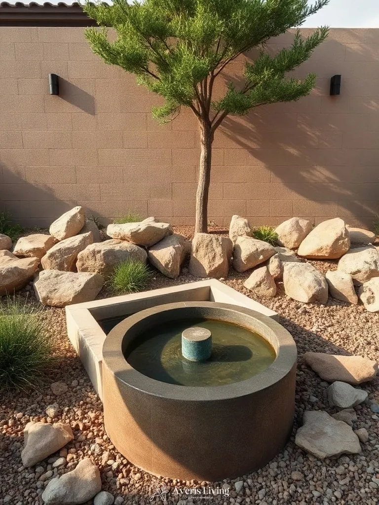 Water feature built into a drought tolerant backyard retaining wall makeover