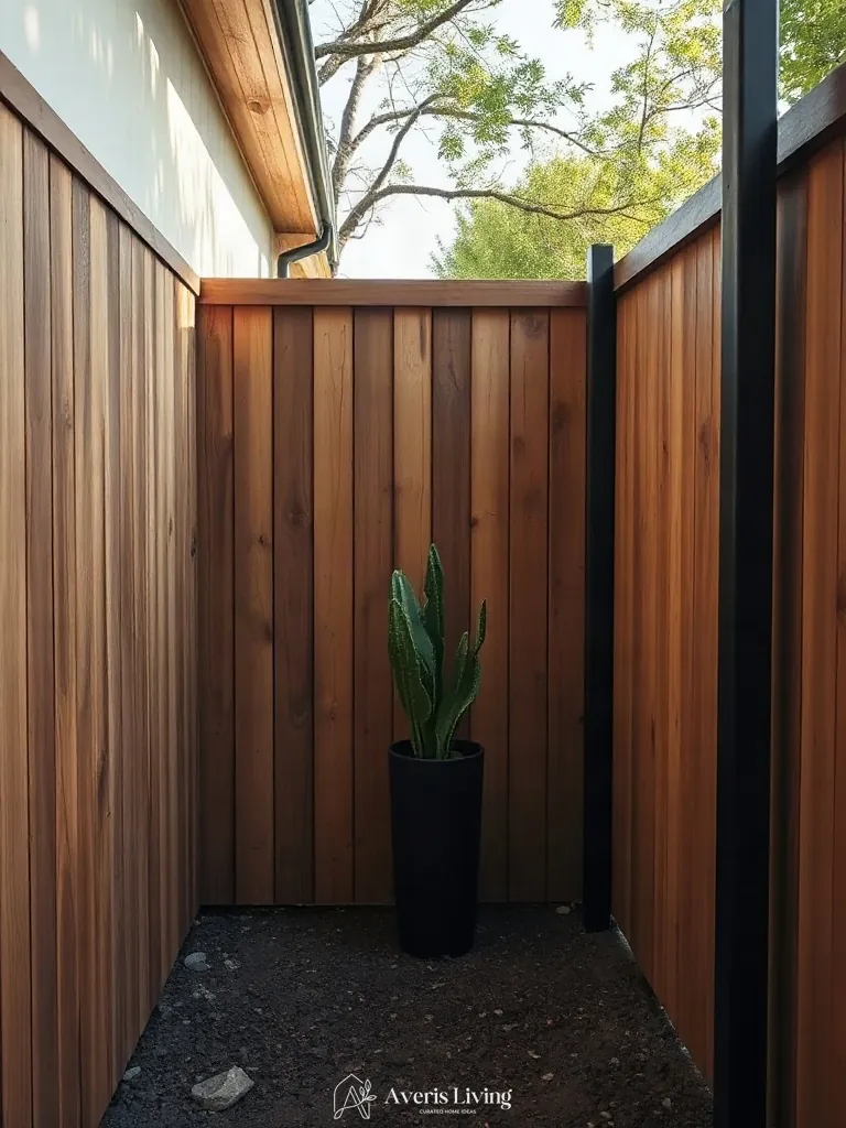 Structural steel posts in a cozy backyard privacy fence layout